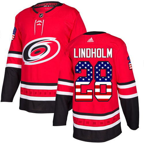 Adidas Hurricanes #28 Elias Lindholm Red Home Authentic USA Flag Stitched NHL Jersey